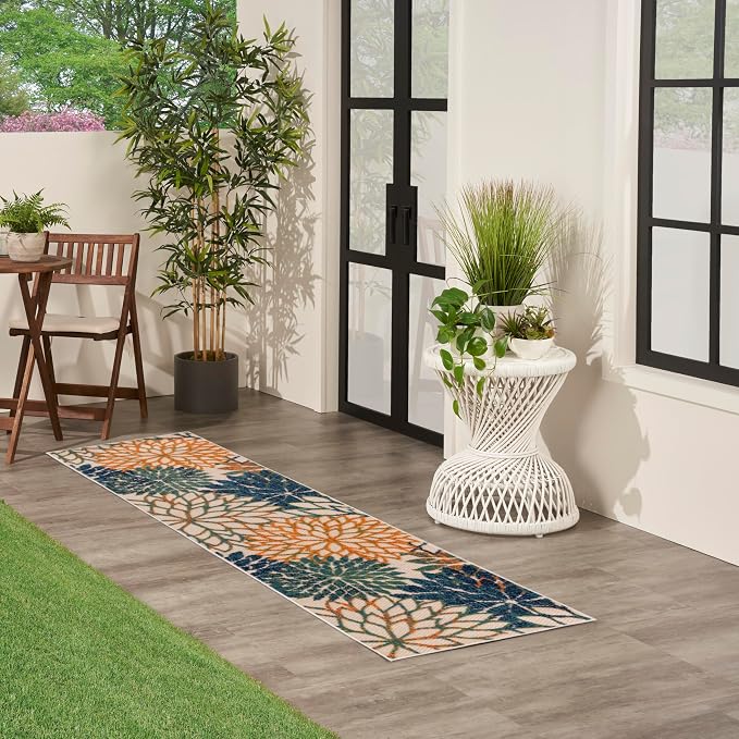 Nourison Home Aloha Indoor/Outdoor Blue Green 2'3" x 8' Area Rug, Easy Cleaning, Non Shedding, Bed Room, Living Room, Dining Room, Backyard, Deck, Patio (2x8)