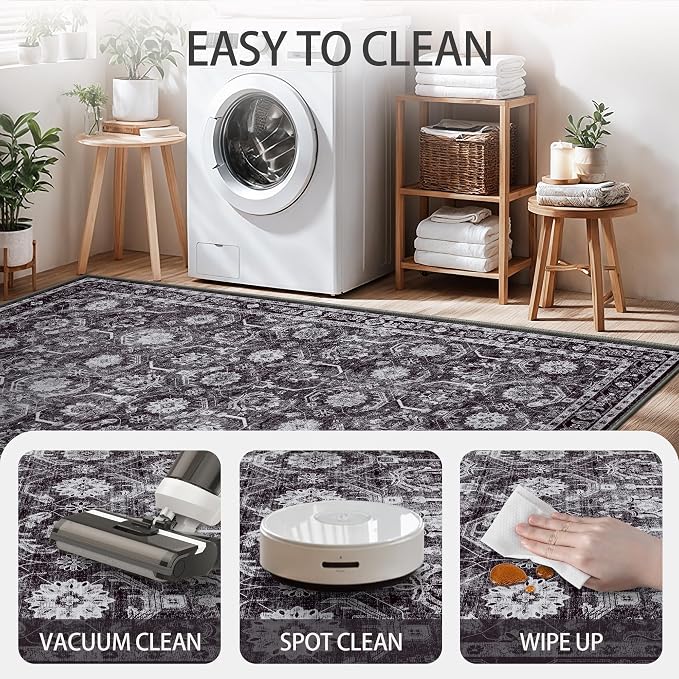 8x10 Area Rugs, Soft Non Slip Low Pile Washable Rug, Boho Modern Rug for Living Room, Bedroom, Dining Room, Black
