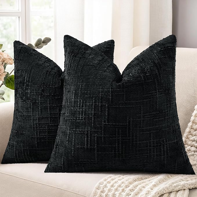 decorUhome Textured Chenille Throw Pillow Covers 26x26 Set of 2 Black | Fall Modern Farmhouse Soft Cozy Slubby Couch Pillow Cases Boho Decorative Pillow Cases for Bed Sofa Living Room Home Decor