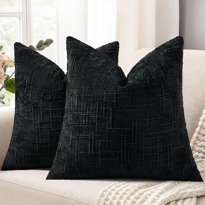 decorUhome Textured Chenille Throw Pillow Covers 24x24 Set of 2 Black | Fall Modern Farmhouse Soft Cozy Slubby Couch Pillow Cases Boho Decorative Pillow Cases for Bed Sofa Living Room Home Decor