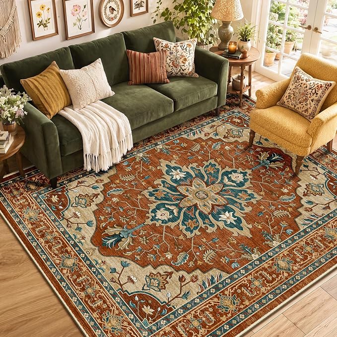 RELEANY Area Rugs 5'x7' Washable Non-Slip, Floral Vintage Distress Medallion Carpet for Living Room Bedroom Dining Room, Red Orange Blue Brown