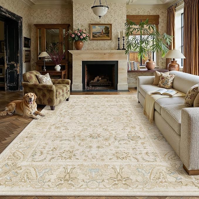 8x10 Beige Washable Area Rug Non Slip Retro Distressed Carpet | Soft Low Pile, Lightweight Foldable, Pet Friendly, Living Room, Bedroom, Dining Room, Classroom, Playroom