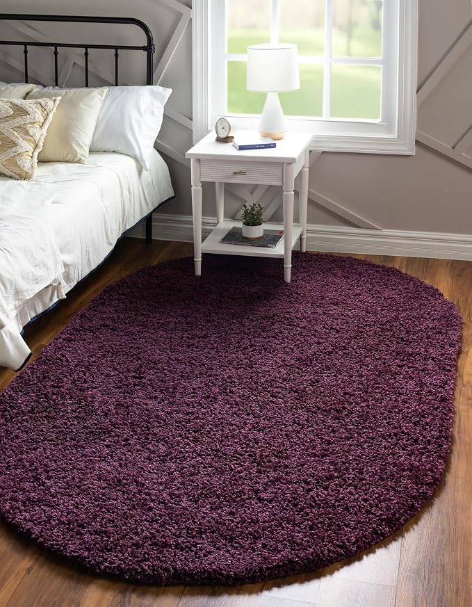Unique Loom Solid Shag Collection Area Rug (8' x 10' Oval, Eggplant Purple)