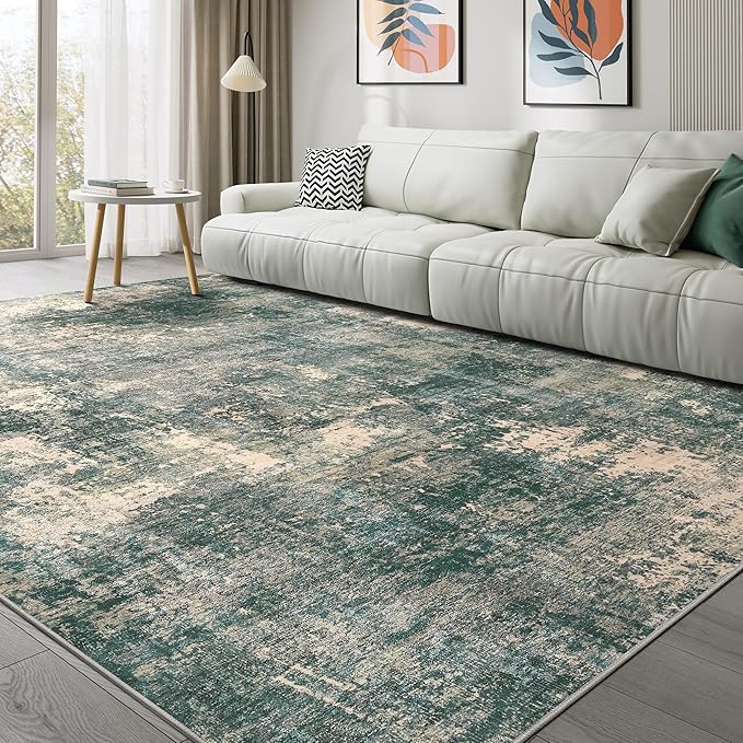 Abstract 9x12 Area Rug: Machine Washable Non Slip Ultra Thin Low-Pile Carpet, Soft Stain Resistant for Living Dining Room Bedroom, Kid Pet Friendly, Robot Vacuum Compatible - Dark Green/Beige