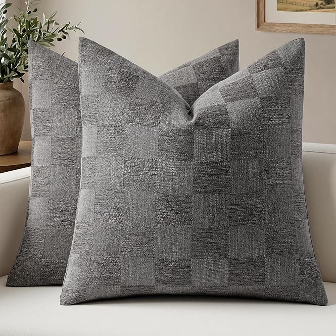 a moment Set of 2 Decorative Linen Throw Pillow Covers,Large Grid Textured Neutral Boho Farmhouse Cushion Covers,Soft Aesthetic Pillowcases for Couch Sofa Living Room Home Decor,16x16 Inch,Dark Gray