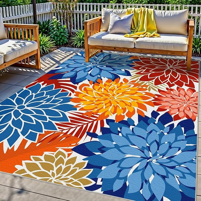 Colorful 4x6 Outdoor Area Rug Washable Rugs Multicolored Patio Rug Tropical Botanical Floral Chenille Outdoor Carpet Non Slip for RV, Pool Deck, Backyard, Porch, Vivid Dahlia