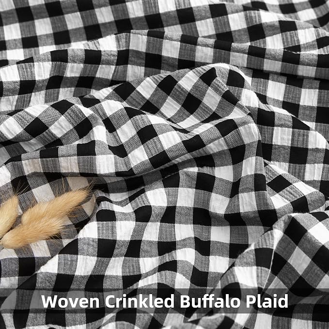 ZJDECOR 95 Inches Black White Buffalo Plaid Farmhouse Ruffle Curtains | Woven Crinkled Not-See-Through Sheer Drapes,Shabby Chic Window Treatment for Bedroom Living Room,Rod Pocket,40"Wx95"Lx2