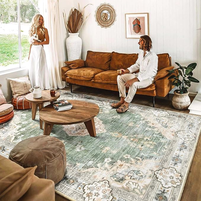 MUJOO Green Rug 8x10 Washable Area Rugs Non Slip Low-Pile Floral Large | Machine Washable Throw Carpet for Living Room Bedroom Dining Room Boho Soft Floor Indoor Abstract Flowers Sage Green