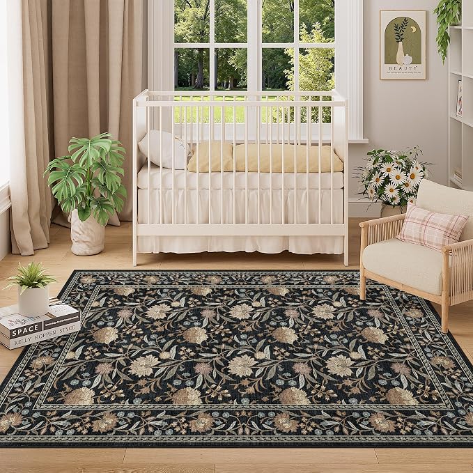 DUKINO 4x6 Area Rug, Washable Vintage Floral Rug for Living Room, Black | Non Slip, Low Pile, Stain Resistant Boho Lightweight Soft Indoor Carpet for Bedroom Office Dining Room Entryway Farmhouse