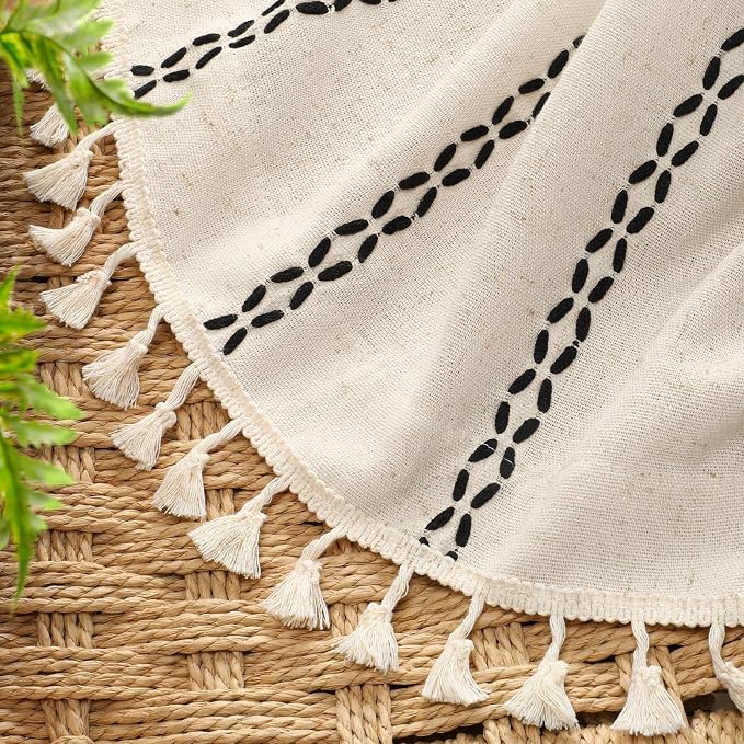 Beige Boho Blackout Curtains 2 Panels 72 Inch for Living Room Bedroom, Linen Texture Farmhouse Curtains with Tassels and Black Cotton Embroidery Vintage Rustic Western Rod Pocket