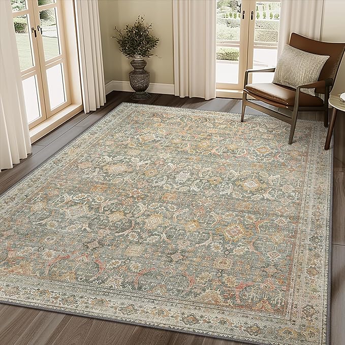 BESBLEE 10X14 Area Rugs Machine Washable Rugs for Living Room, Vintage Boho Large Rugs for Bedroom Dining Room, Non Slip Indoor Soft Distressed Lightweight Thin Low Pile Carpet, Turmeric