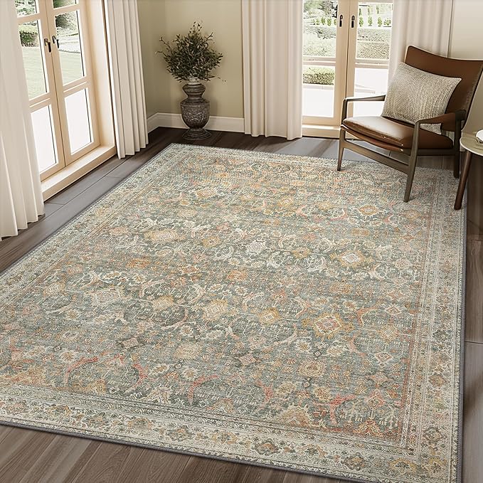 BESBLEE 8X10 Area Rugs Machine Washable Rugs for Living Room, Vintage Boho Large Rugs for Bedroom Dining Room, Non Slip Indoor Soft Distressed Lightweight Thin Low Pile Carpet, Turmeric