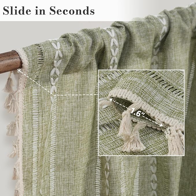 ColorBird Boho Curtains Linen-Textured Sage Green for Living Room Bedroom Light Filtering 84 Inches Modern Farmhouse Whimsical Decor Embroidered Striped for Nursery Door Dining Room