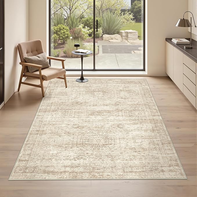 4x6 Area Rug for Entryway,Washable Kitchen Rug,Beige | Small Rug for Hallway,Bedroom,Living Room,Dining Room,Thin,Soft, Neutral Rug,Stain Resistant Indoor Carpet,Non Slip