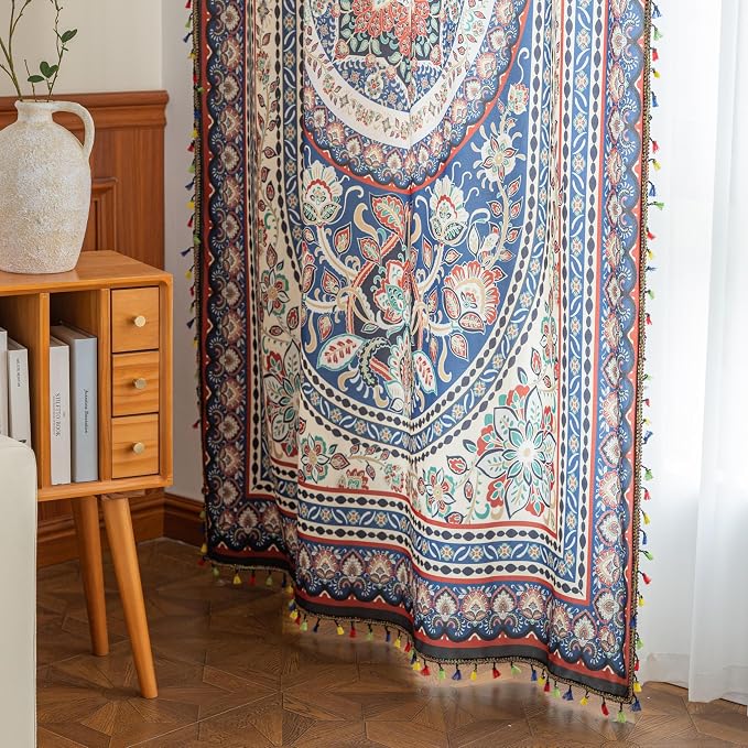 Multicolor Medallion Curtains 54 Inches Long, Boho Farmhouse Light Filtering Rod Pocket Drapes with Tassel Trim for Bedroom Living Room, 2 Panels