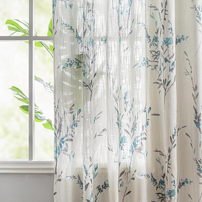 MYSKY HOME Living Room Curtains 108 Inch Long for Windows Linen Sheer Blended Curtains with Floral Printing Privacy Added Light Filtering for Home Decor Farmhouse Style Texture Soft Touch, Teal, 2 Pcs