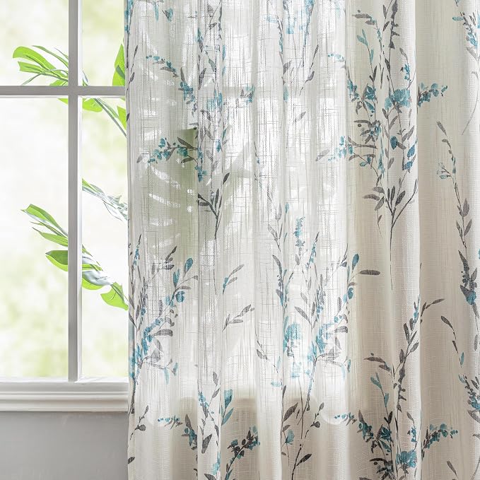 MYSKY HOME Sheer Curtains 54 Inch Length for Bedroom Window Curtain Panels Light Filtering Privacy Protect Drapes Set Linen Look Farmhouse Style Texture Soft Touch, 50" x 54", Teal, 2 Panels