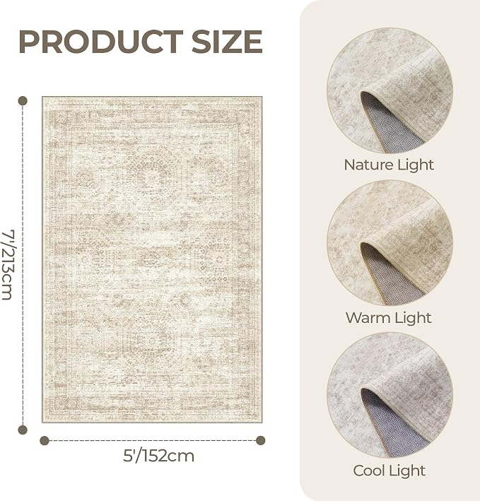 5x7 Area Rugs for Living Room,Large Washable Rug,Beige | Rugs for Bedroom,Dining Room,Office,Low Pile,Soft, Neutral Rug,Stain Resistant Indoor Carpet,Non Slip,Home Decor