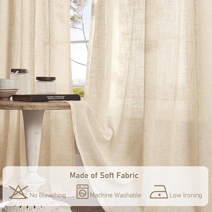 LAMIT Linen Semi Sheer Curtains 48 Inch for Bedroom, Light Filtering Neutral Window Curtains Farmhouse Boho Back Tab and Rod Pocket Panels, Linen, 2 Panels, 52 x 48 Inch
