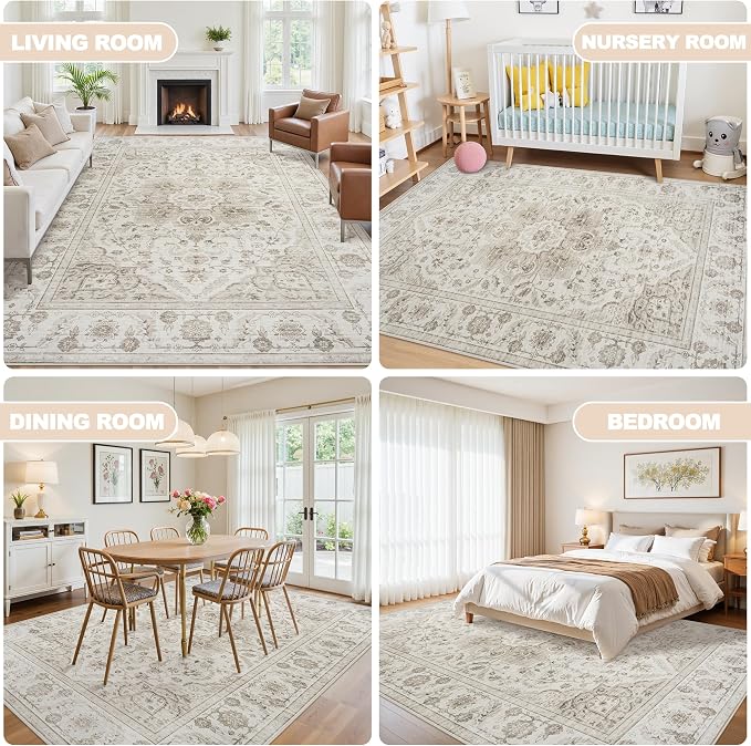 8x10 Area Rugs for Living Room:Beige Washable Vintage Medallion Carpet Non-Slip Soft Low Pile Large Rugs Indoor Retro Rug for Bedroom Nursery Dining Table Office Home(Beige White 8'x10')