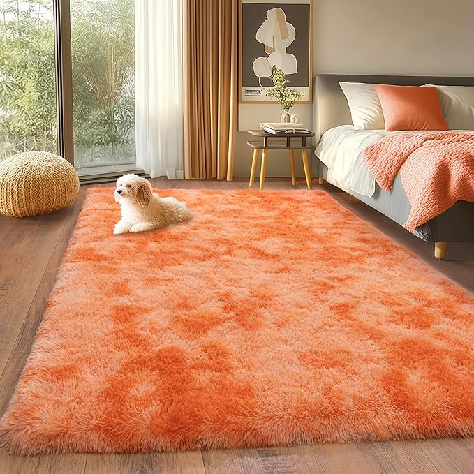 4x5.9 Ft Area Rugs for Bedroom, Fluffy Shag Rug for Living Room | Tie-Dyed Orange, Soft and Comfy, Fuzzy Bedside Carpet for Nursery and Kids Room, Girl, Boys Dorm Home Decor, Non Slip