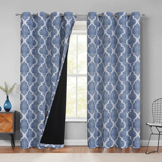 Beauoop Moroccan 100% Blackout Curtains Bedroom Blue 50x96 2 Panels | Geometric Room Darkening Drapes for Living Room 96 Inch Long Thermal Insulated Soundproof Lattice Window Treatment Grommet