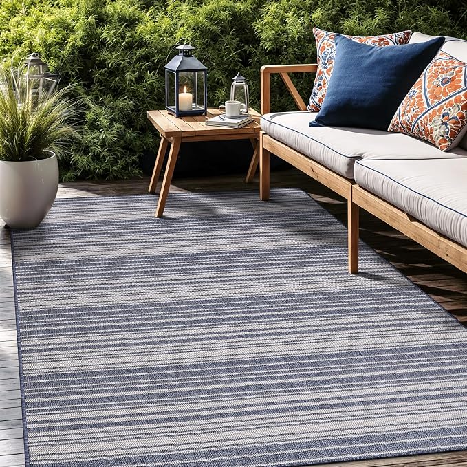 Luul Home Stripe Outdoor Rug 8x10 Washable Outside Carpet for Indoor Patio Porch Waterproof Easy Cleaning Non Shedding Area Rugs Blue 8 x 10