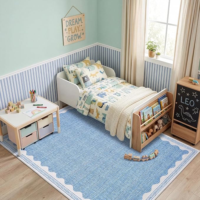 GarveeHome 5x7 Rug for Living Room, Scalloped 5 X 7 Area Rugs Washable Non-Slip Solid Blue Modern Minimalism Low-Pile Carpet for Bedroom Dining Nursery Mat with Rubber Back