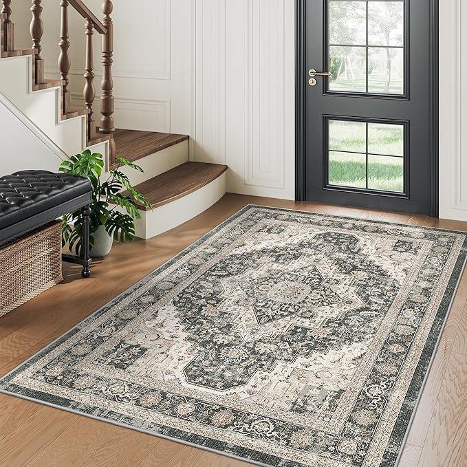 Roxstand 3x5 Washable Area Rug, Small Non Slip Rug, Black/Beige | Non-slip Backing, Low-Pile, Stain Resistant, Pet Friendly, For Living Room, Bedroom, Dining Room, Nursery
