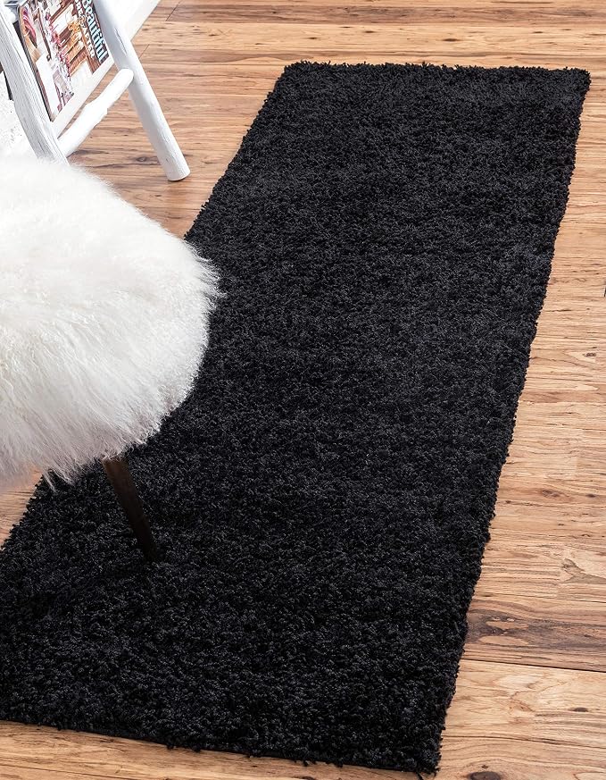 Unique Loom Solid Shag Collection Area Rug (2' 6" x 10' Runner, Jet Black) | Modern solid area rug for bathroom, hallway & mud room. Stain-resistant, easy-care, kid & pet friendly