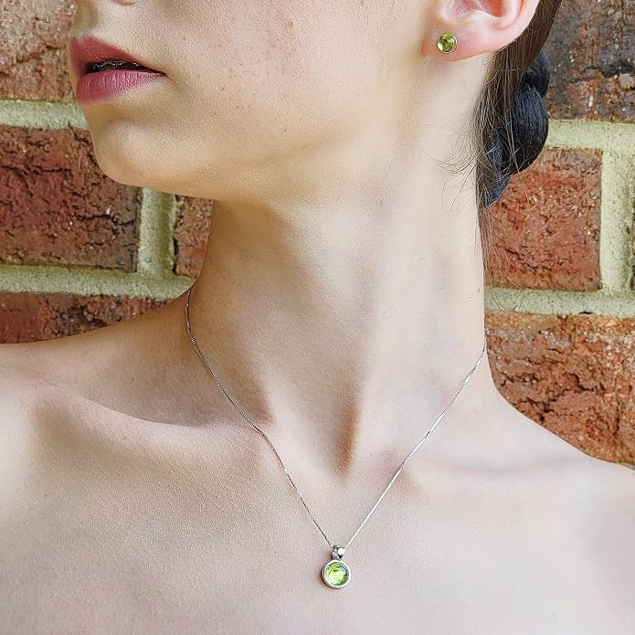 Natural gemstone 8mm round pendant with white gold over 925 sterling silver bezel cabochon plate and box chain, real genuine dainty birthstone gift for her, uniquelan jewelry