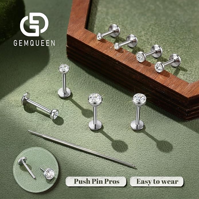 GEMQUEEN 4 Pairs 16G/18G/20G G23 Titanium Implant Grade Nose Studs Threadless Flat Back Earrings Hypoallergenic Flatback 5A CZ Cartilage Helix Tragus Conch Tiny Lip Piercing Jewelry for Women Men