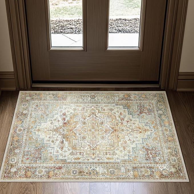 Bavni 2x3 Rug Washable Throw Rugs Doormat Vintage Floral Entryway Rug, Low Pile Lightweight Carpet, Grey/Heavy Brown