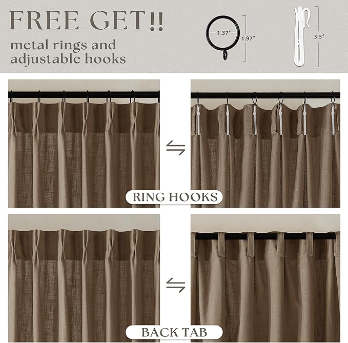 126 Inch Linen Curtains 2 Panels Set Pinch Pleated for Living Room Bedroom Memory Training Shaped Semi Sheer Dutch Cocoa Pinch Pleat Drapes Hooks Rings Light Filtering Window Curtain Drapes