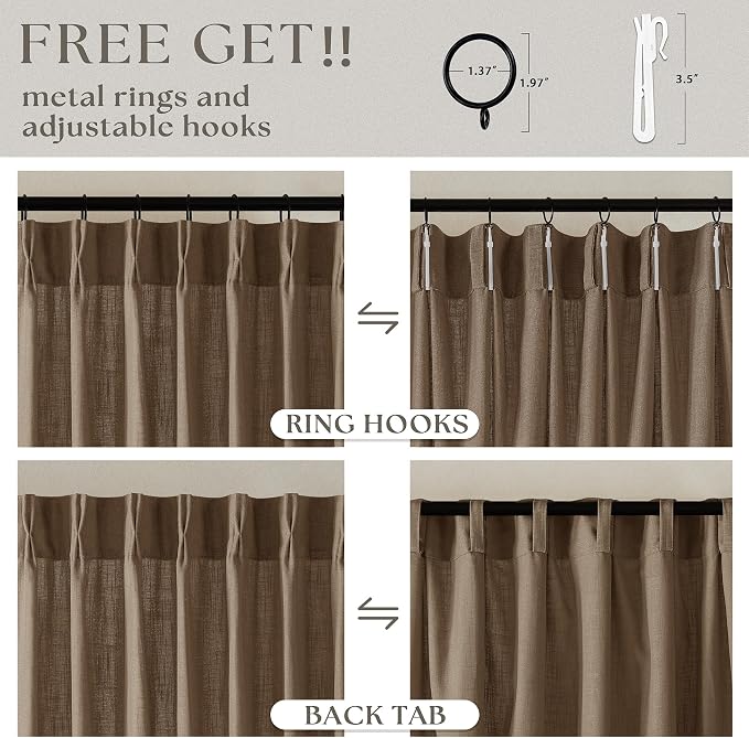 Dutch Cocoa Pinch Pleated Linen Semi Sheer Curtains 45 Inch Length 2 Panels | for Kitchen Small Bay Window Basement, Pinch Pleated with Hooks Rings Back Tab, Memory Shape, Thick Linen Semi Sheer, W40xL45