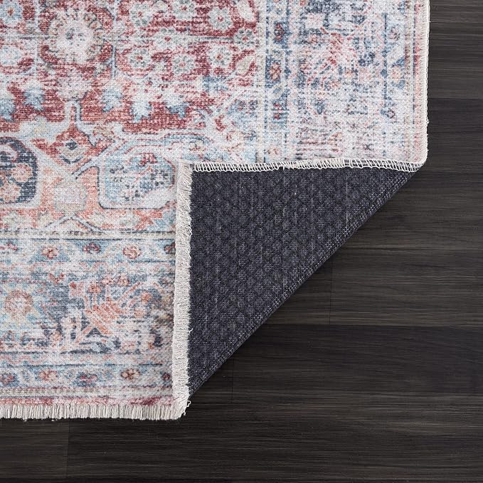 Bloom Rugs Caria Washable Non-Slip 4x6 Rug - Brick/Dark Blue Traditional Area Rug for Living Room, Bedroom, Dining Room, and Kitchen - Exact Size: 4' x 6'