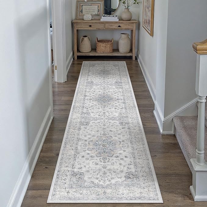 HUGEAR 2x8 Runner Rugs Machine Washable Vintage Blue Hallway Rug Soft Area Rug Carpet Non-Shedding Non-Slip Low Pile for Bedroom Kitchen Retro Aesthetic Modern Decor