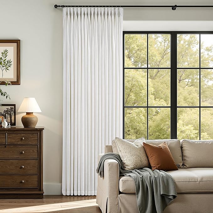 60 Inch Extra Wide Pinch Pleated Linen Curtains 120 Inch Length for Living Room Bedroom Natural Cream Beige Privacy Drapes Light Filtering for Patio Sliding Door 120 Inches Long with Hooks Clips Rings