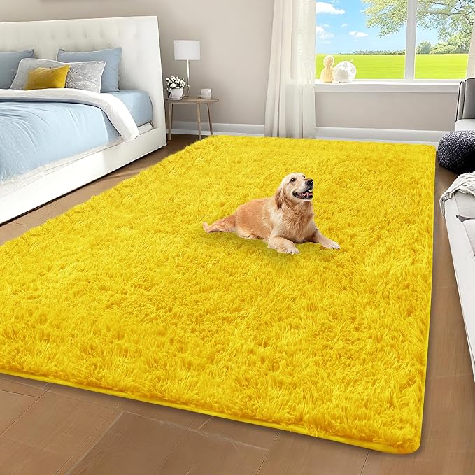 Yellow Fluffy Shag Area Rug for Bedroom Living Room Boys Kids, 4x6 | Ultra Soft Comfy, Fuzzy Shaggy Plush Carpet for Nursery Girls Teen Dorm, Modern Indoor Home Decor, Upgrade Non-Slip