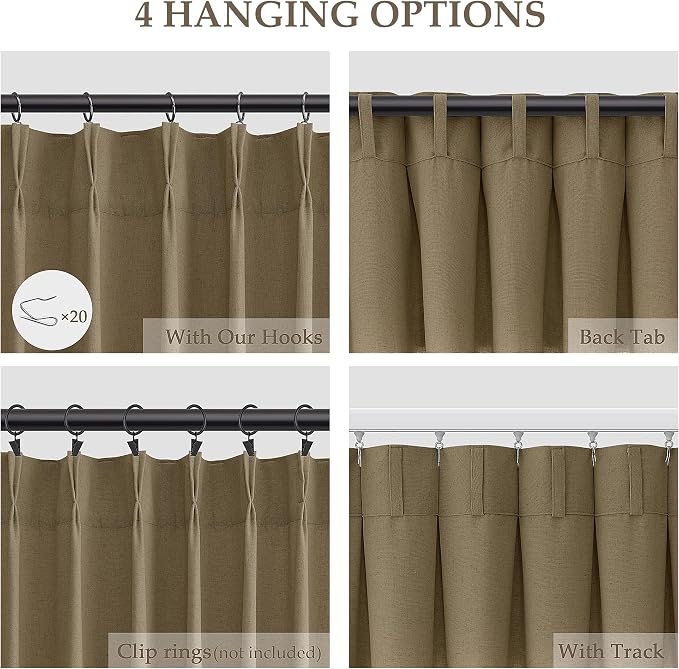 Aersas Linen Brown Pinch Pleated Linen Curtains 96 Inch Length 2 Panels for Living Room Bedroom Semi Sheer Window Curtain Boho Neutral Back Tab Pinch Pleat Drape with Hooks 40x96