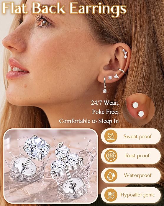 MILACOLATO Hypoallergenic Flat Back Earrings 14K Gold Plated Cartilage Earring Sets for Multiple Piercing 20G Surgical Stainless Steel Earrings for Women Trendy Earring Stacks Small Hoop Flatback Stud Earrings