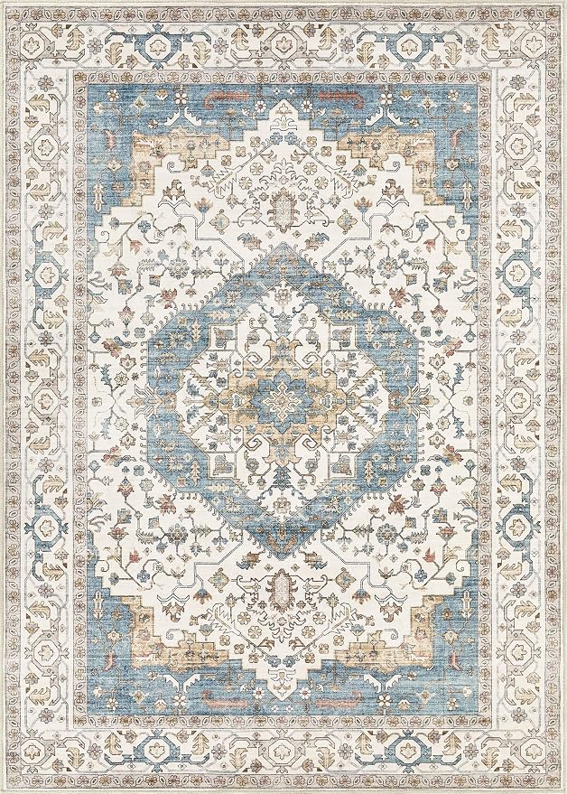 11x14 Area Rugs for Living Room - Large Carpet Ultra Thin Soft Washable Oriental Vintage Floral Distressed Big Indoor Carpets for Bedroom Nursery Dorm Home Decor Aesthetic - Blue/Beige