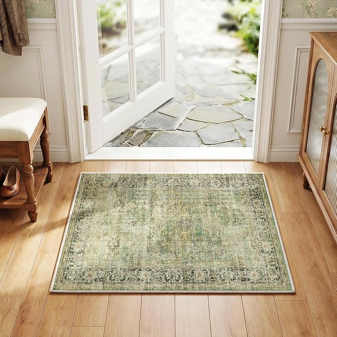 2x3 Washable Green Vintage Distressed Oriental Retro Entryway Rug | Non Slip Low Pile Oriental Soft Thin Small Carpet Throw Rugs Door Mat Retro Entry Entrance Kitchen Bedroom Bathroom Laundry