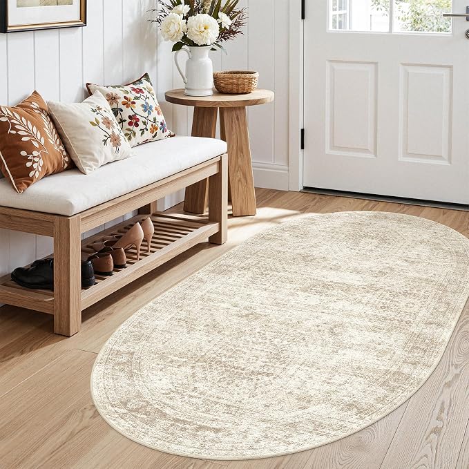 Soalmost Small Oval 3x5 Rug for Entryway, Machine Washable Area Rug for Kitchen, Bedroom Bedside, Non-Slip Throw Rug, Vintage Carpet for Nursery Coffee Table, Beige