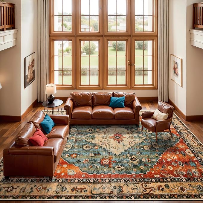 SERISSA 10x12 Area Rugs for Living Room, Large Washable Non-Slip Boho Rug, Ultra Soft Vintage Print Distressed Oriental Tribal Farmhouse Carpet for Dining Room Bedroom Office Home Decor