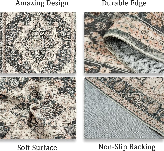 Roxstand 6x9 Washable Area Rug, Non Slip Living Room Rug Black/Beige | Low Pile Vintage Rug, Stain Resistant, Non-Shedding Design, Pet & Kid Friendly, Carpet for Bedroom, Dining Room Office