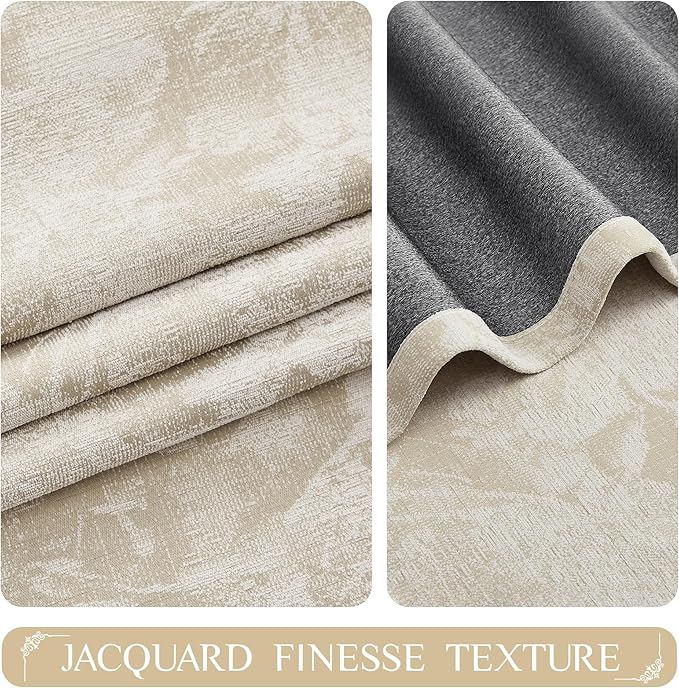 Beauoop Beige Floral Jacquard Blackout Curtains for Bedroom 52x72 2 Panels | Flower Chenille Room Darkening Drapes for Living Room 72 Inch Long Thermal Insulated Soundproof Window treatment Grommet