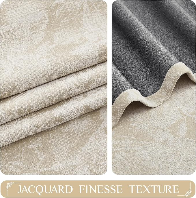 Beauoop Beige Floral Jacquard Blackout Curtains for Bedroom 52x108 2 Panels | Flower Chenille Room Darkening Drapes for Living Room 108 Inch Long Thermal Insulated Soundproof Window treatment Rod Pocket