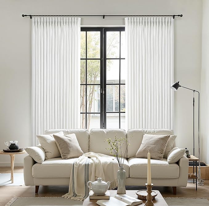 112 Inch Long White Pinch Pleated Linen Curtains 2 Panels Set for Living Room Bedroom Pinch Pleat Curtains Ivory Cream Semi Sheer Light Filtering Privacy Curtain 112 Inch Length for Sliding Door
