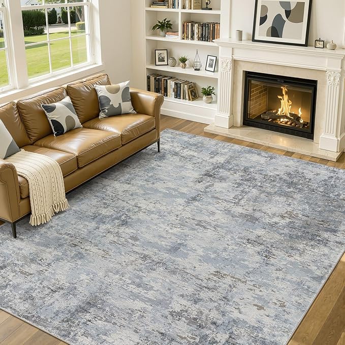 9x12 Area Rugs for Living Room, Washable Non Slip Bedroom Carpet | Neutral Modern Abstract Large Area Rug, Soft Low Pile Lightweight Made for Dining Room, Nursery, Home Office - Blue Gray